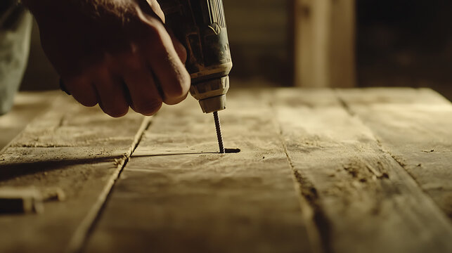 Close-up of a hand using a drill on wooden planks