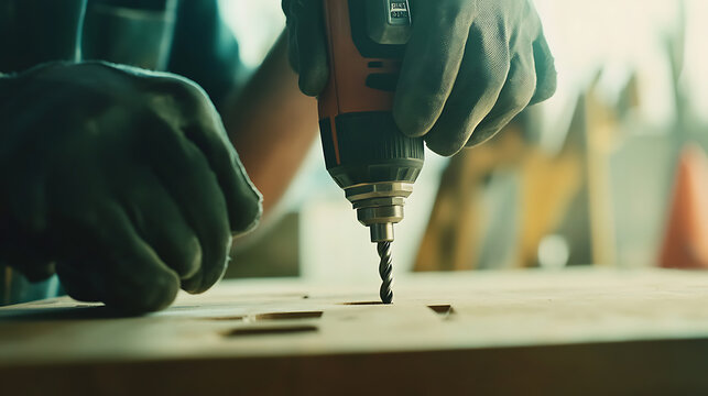 Carpenter Using an Electric Drill on Wood