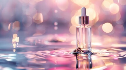 Elegant clear glass dropper bottle on rippling water