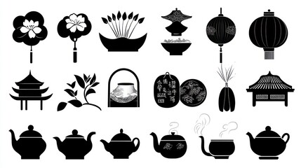 Asian tea ceremony icons; white background; design elements