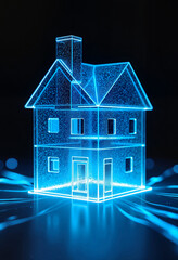 Glowing blue hologram house on dark background