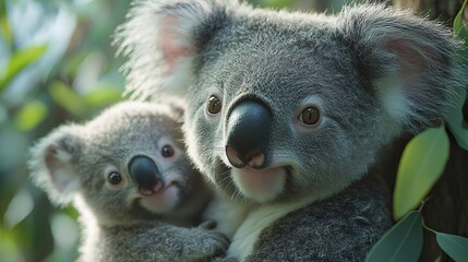 Obraz premium Koala family moment in the wild, highlighting nature, conservation, and nurturing animal behavior 