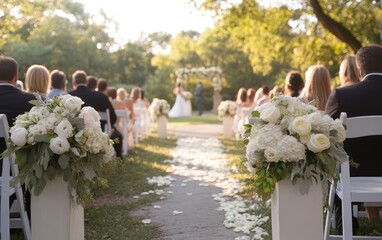 Guests gather in a scenic outdoor location for a wedding ceremony. White flowers decorate the aisle leading to the couple exchanging vows under a floral arch in the warm sunlight