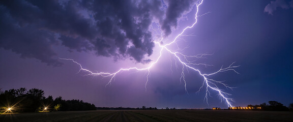 Lightning storm over rural landscape at night