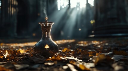 Antique glass bottle autumn leaves