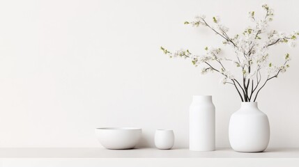 Minimalist white aesthetic display with delicate blossoms and ceramic ware