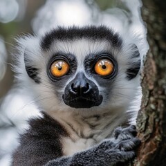 Fototapeta premium Close-Up Portrait of a Ring-Tailed Lemur with Striking Eyes