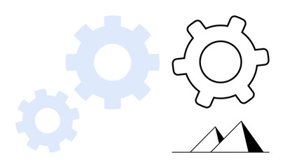 Three gears convey progress and teamwork above minimalist pyramids symbolizing structure and history. Ideal for teamwork, innovation, process, strategy, growth, technology, legacy. Flat simple