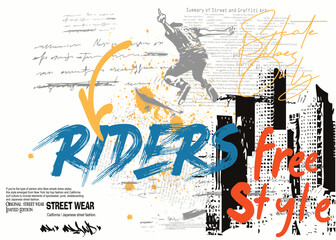 skateboard in minimalistic style with grunge vintage, urban typography street art graffiti slogan, art typography slogan, graphics graffity sports, freestyle skateboard graffiti. T, eps8