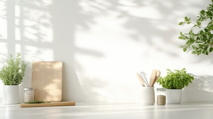 Minimalist kitchen countertop with sunlight and herbs