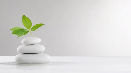 Stacked Stones Small Plant Minimalist Style High-resolution Soft Lighting Center Focus Smooth Textures Growth Concept Bright White Background Serene Mood Wellness Branding
