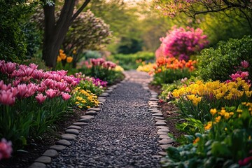 Obraz premium Serene Garden Path with Colorful Tulips