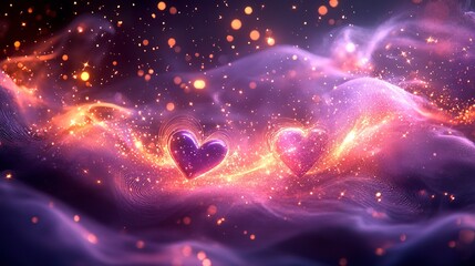 Obraz premium Luxury Valentineâ€™s Day background with glowing purple hearts, golden sparkles, and magical swirls 