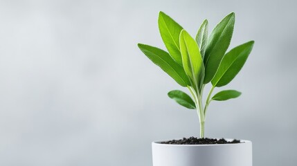 Sage Plant in Pot Minimalist Style Bright Lighting Portrait Simple Shot Growing Life Neutral Background Soft Green Tones Perfect for Wellness Ads