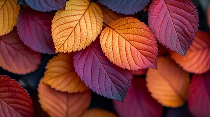 Obraz premium Macro shot of autumn leaves in warm tones, highlighting texture and rich seasonal colors 