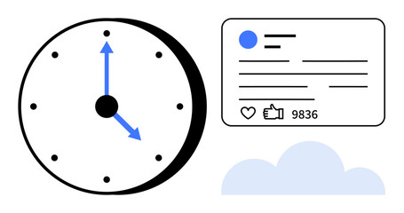 Analog clock with blue hands, social media metrics card with thumbs ups, user profile, and cloud. Ideal for time management, productivity, social media, analytics, strategy planning simple landing