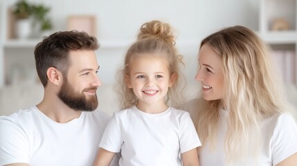 Happy family portrait.  A loving father, mother, and daughter are smiling and looking at each other