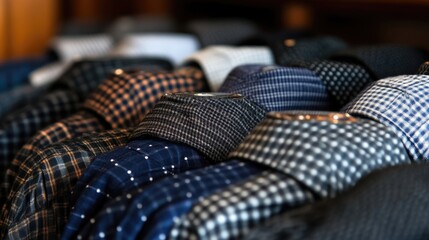 Close-up of neatly arranged shirts on hangers.  Rows of various patterned dress shirts.  A selection of colors and designs