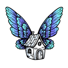 cute house with butterfly wings, fairy tale sketch