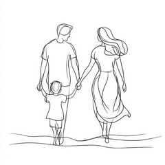 Obraz premium Family in continuous line art drawing, parents with one child holding hands and walking together, black linear sketch