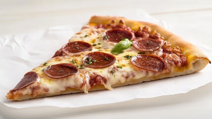 A slice of pepperoni pizza on white paper plate, close-up shot with melted cheese and fresh basil, and appetizing and delicious food photography.