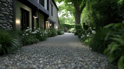 Charming stone pathway lined with lush greenery and elegant flowers, leading to a quaint country home
