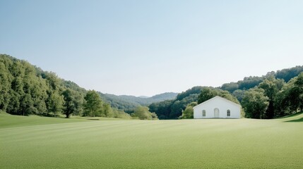 Pristine golf course with a tranquil white building