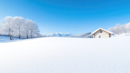 Snowy winter landscape with mountain hut