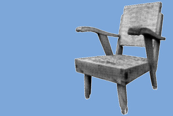 close up of wooden chair pixelate grayscale color halftone dotted texture style collage element isolated on blue background