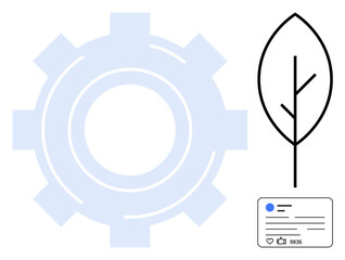 Gear outline, minimalistic leaf icon, and social card illustration. Ideal for sustainability, innovation, technology, eco-friendly concepts, business strategy, environmental awareness simple landing