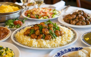 Delicious Middle Eastern Feast,  Rice with Grilled Meatballs, Salads, and More