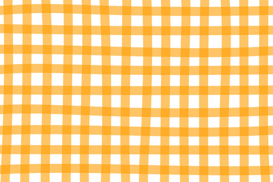 Checkered orange gingham or vichy pattern in doodle style. Picnic plaid, tablecloth or napkin texture in hand drawn technique. Crossed uneven lines. Minimalistic aesthetic print. Vector illustration.