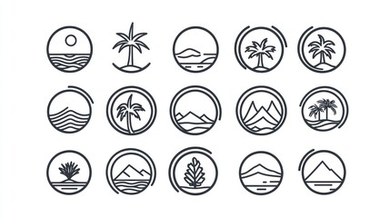 Tropical island landscape icons; design elements; beach vacation