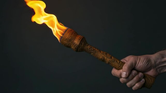 A hand holding a burning torch that illuminates the darkness, suggesting ancient or medieval times. Evokes themes of light in darkness and symbolizes guidance.