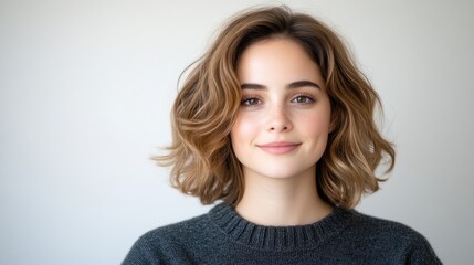 Fototapeta premium Portrait of a young woman with wavy brown hair and a gentle smile wearing a dark grey sweater against a plain light grey background.