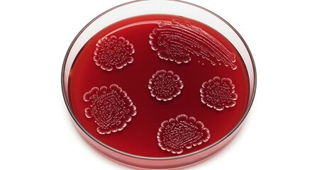 Vibrant Red Blood Agar in Petri Dish with Irregular Microorganism Colonies Top Down Extreme Closeup Studio Shot