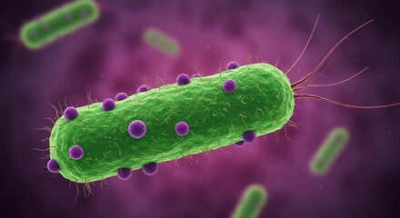 Fototapeta premium Highly Detailed 3D Rendering of Streptobacillus Bacteria Chain with Vibrant Green Body and Recurring Rounded Purple Nodules Against Blurred Background