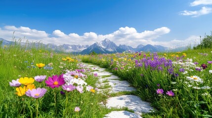 Obraz premium A scenic stone path winds through a vibrant wildflower meadow towards majestic mountains under a blue sky.