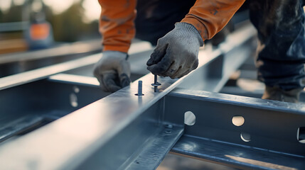 Fototapeta premium Construction Worker Assembling Metal Beams