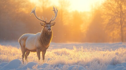 Fototapeta premium Majestic stag standing in a frosty meadow during golden sunrise, surrounded by warm morning light 