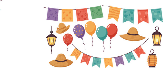 Decorative colorful flags and Festa Junina balloons hanging across the sky, perfect for banners and invitations.