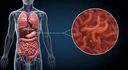 Human Anatomy with Intestinal Parasites Magnified on Blue Background Illustration Emphasizing Lungs Liver Stomach and Intestines Depicting Diseases and Health Issues
