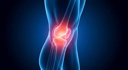 Obraz premium Detailed 3D Render of Human Knee Joint on Blue Background with Red Inflammatory Highlights Perfect for Medical Educational Material
