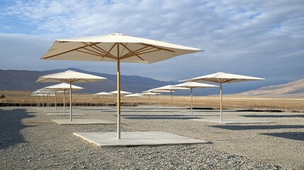 Numerous white umbrellas stand on concrete pads in a wide open space.