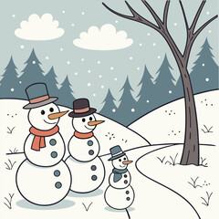 Snowman Family Winter Scene: Cute Cartoon Snowmen Illustration, Snowy Landscape.