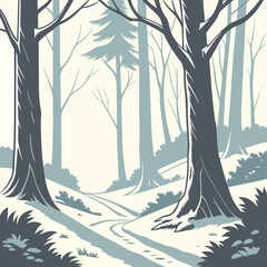 Winter Forest Path: Professional Blue & Grey Stylized Illustration - High Resolution.