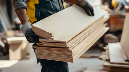Worker Carrying Plywood Sheets in a Workshop