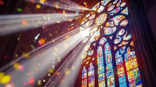 Mystical light rays through ornate stained glass window design interior footage