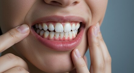 Fototapeta premium Close Up of a Woman's Mouth Showing Teeth and Gums With Blurred Gray Backdrop Dental Hygiene and Health Concepts Perfect for Medical Content