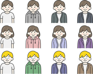 いろいろな服を着た、人物（線画カラー）のイラストセット